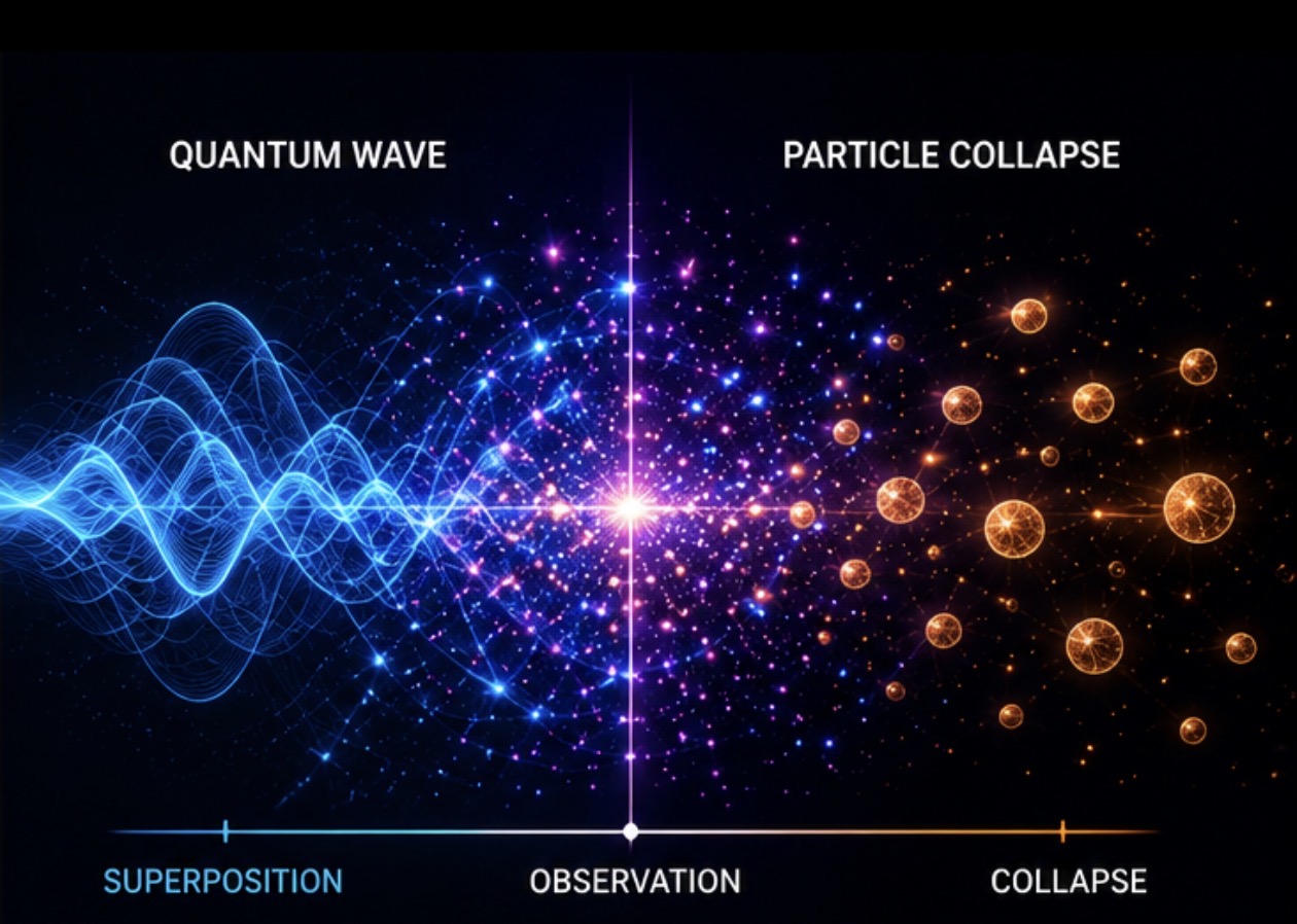 Quantum wave and particle collapse diagram showing superposition and observation — Strange Quantum Pattern