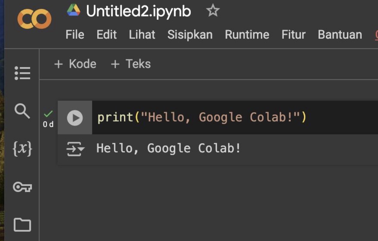 A Google Colab notebook running Python code — print Hello, Google Colab!