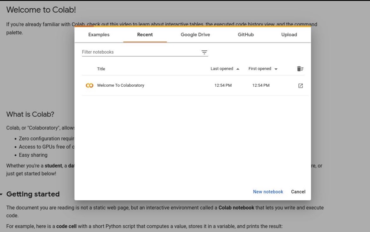Welcome to Colab — the interface for accessing recent notebooks, Google Drive, and GitHub