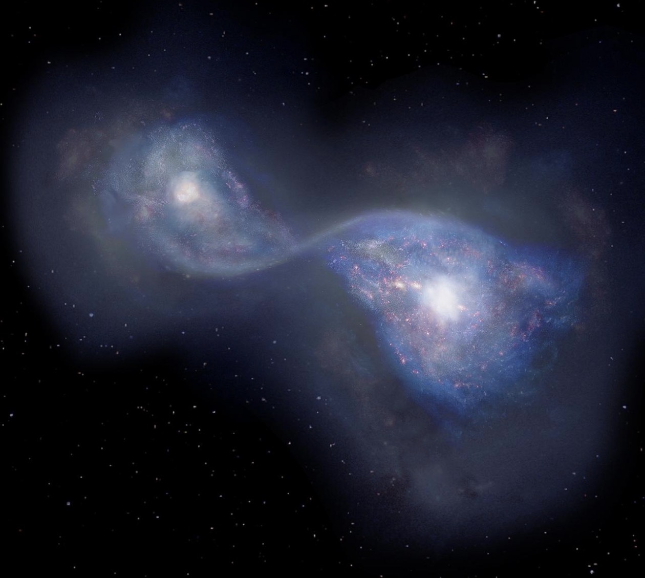 Two galaxies merging, driving gas toward their central black holes
