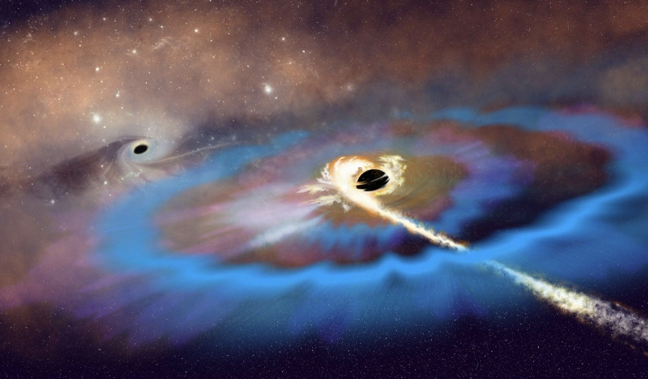 Artist illustration of a wandering supermassive black hole drifting away from a galaxy merger