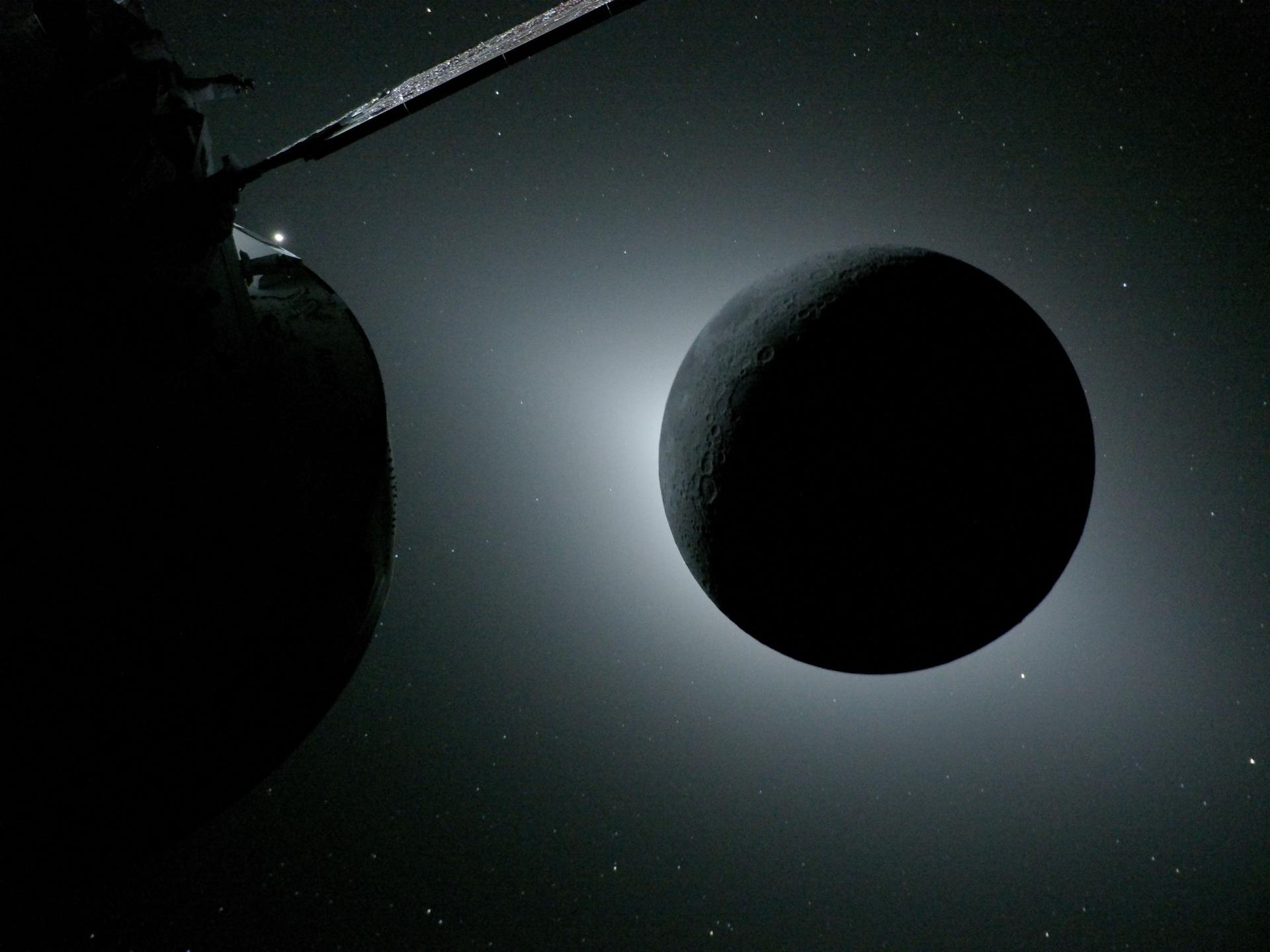 Artemis Orion spacecraft approaching the Moon with solar corona visible